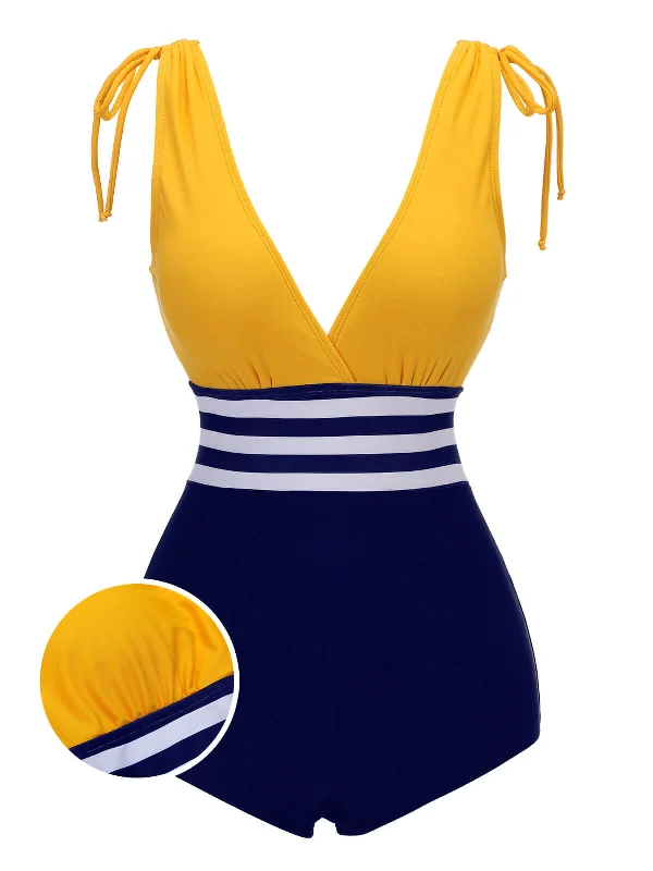 Yellow & Blue 1950s Striped Lace-Up Swimsuit Monokini Swimsuit Design