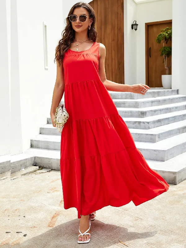 KittenAlarm - Solid Ruffle Hem Tank Maxi Dress Fashionable Chiffon Maxi Dress