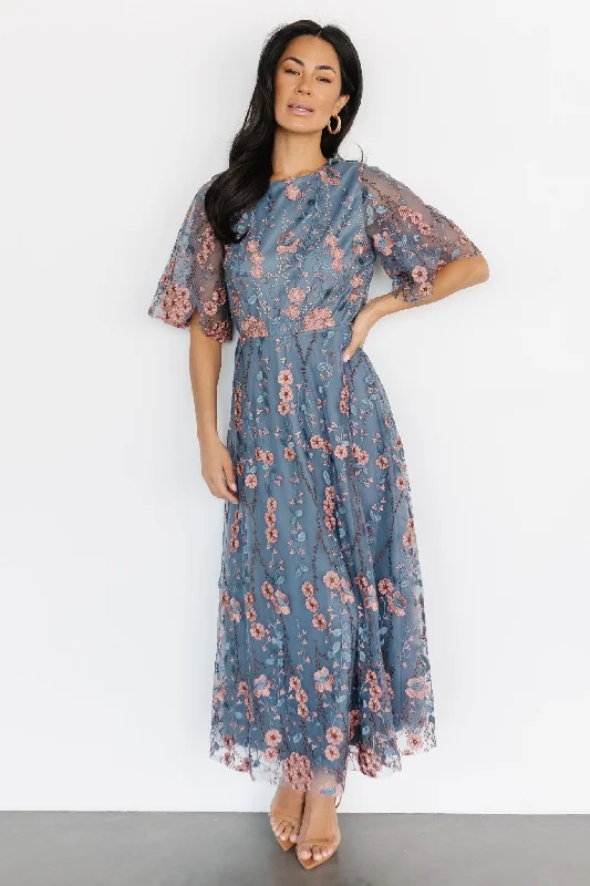 Arabella Embroidered Tulle Maxi Dress | Blue + Pink Comfortable Maxi Dress with Sleeves