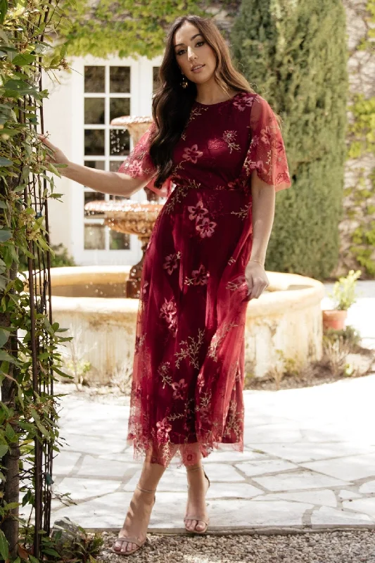 Arabella Embroidered Tulle Maxi Dress | Burgundy Floral Comfortable Ruffle Maxi Dress Arabella Embroidered Tulle Maxi Dress | Burgundy Floral Comfortable Ruffle Maxi Dress