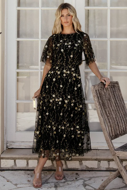 Arabella Embroidered Tulle Maxi Dress | Gold + Black Trendy Floral Print Maxi Dress