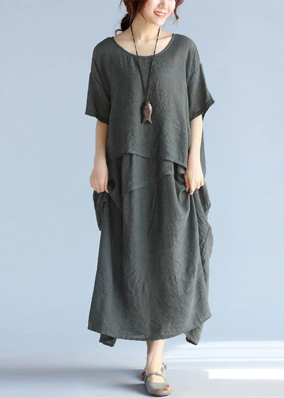 baggy gray long linen dresses oversized layered cotton maxi dress vintage short sleeve cotton clothing Elegant Sleeveless Maxi Dress