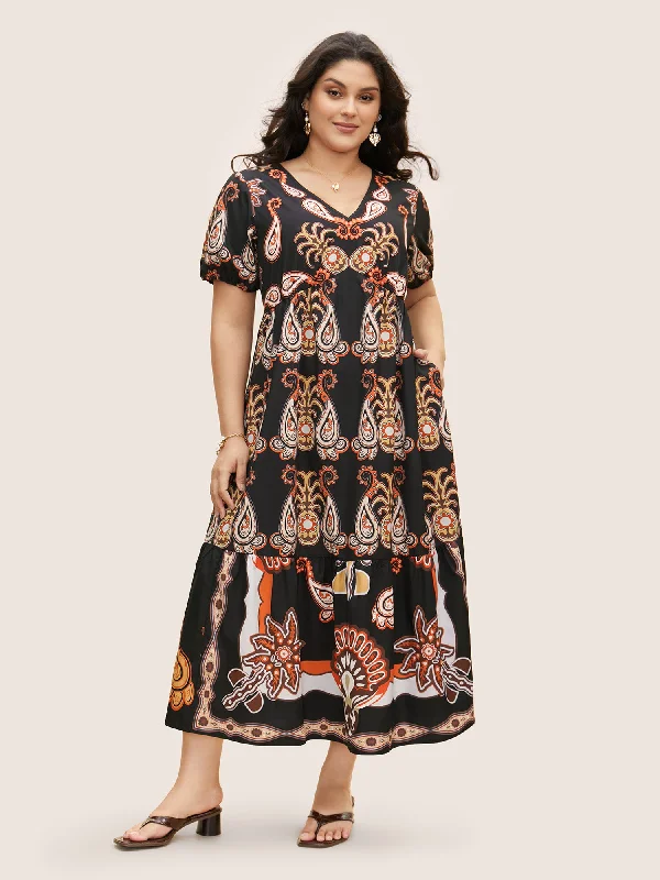 Bandana Print Lantern Sleeve Maxi Dress Stylish Maxi Dress with Pleats