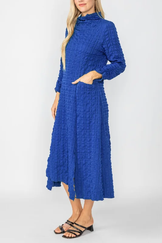 Blue Mock Neck W/ Shirring Front Slit Uneven Hem 3/4 Sleeve Maxi Dress Comfortable Casual Maxi Dress