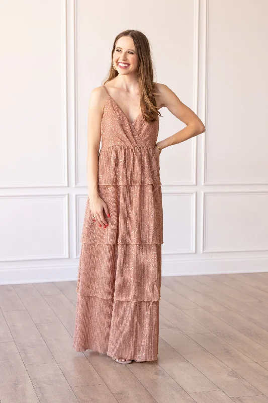 Blushing Brilliance Layered Maxi Dress Fashionable Off-Shoulder Maxi Dress