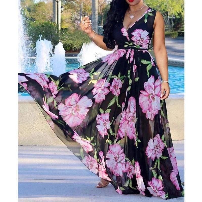 FashionSierra - Boho Floral Long Maxi Dress Fashionable Open-Back Maxi Dress