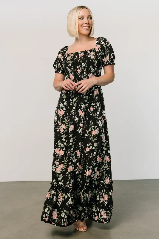 Capri Smocked Maxi Dress | Black Garden Floral Chic Summer Maxi Dress