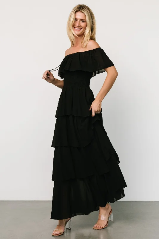 Carina Off Shoulder Maxi Dress | Black Comfortable Ruffle Hem Maxi Dress