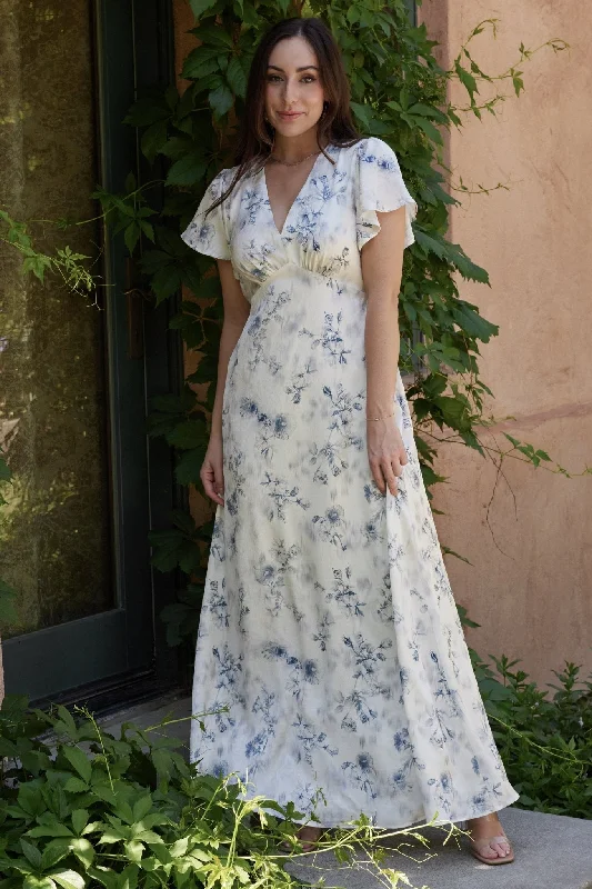 Carmen Maxi Dress | Off White + Blue Floral Elegant Maxi Dress with Drapes