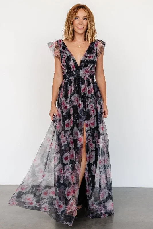 Carmine Maxi Dress | Black Floral Fashionable Chiffon Tiered Maxi Dress