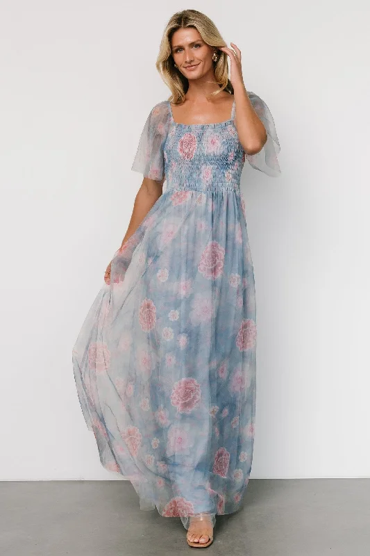 Cassandra Tulle Maxi Dress | Light Blue + Pink Floral Stylish A-Line Maxi Dress