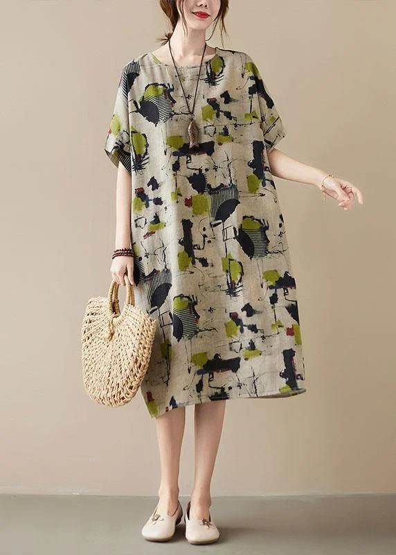 Classy Khaki Print O-Neck Pockets Summer Maxi Dresses Half Sleeve Elegant Maxi Dress with Lace