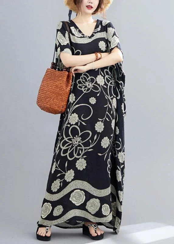 Comfy Black Bat Wing Sleeve Print V Neck Summer Cotton Maxi Dresses Fashionable Asymmetrical Maxi Dress