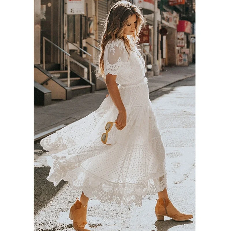 Amy Fashion - Plunge V-Neck Short Sleeve Lace Maxi Dress Comfortable Bohemian Maxi Dress Amy Fashion - Plunge V-Neck Short Sleeve Lace Maxi Dress Comfortable Bohemian Maxi Dress