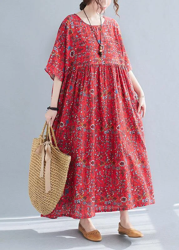 Diy Red Pockets Print Cotton Maxi Dresses Cinched Fashionable Chiffon Maxi Dress