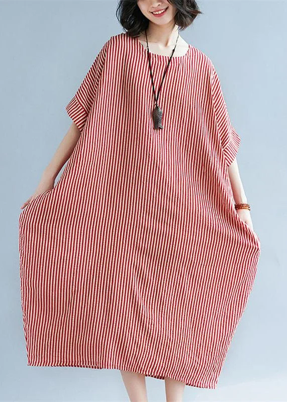 Elegant red linen maxi dress plus size O neck striped linen clothing dresses Fine baggy dresses caftans Cozy Cold-Shoulder Maxi Dress