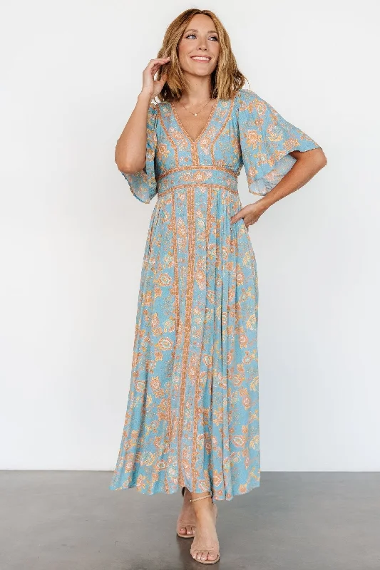 Elissa Maxi Dress | Dusty Blue Floral Comfortable Maxi Dress with Sleeves