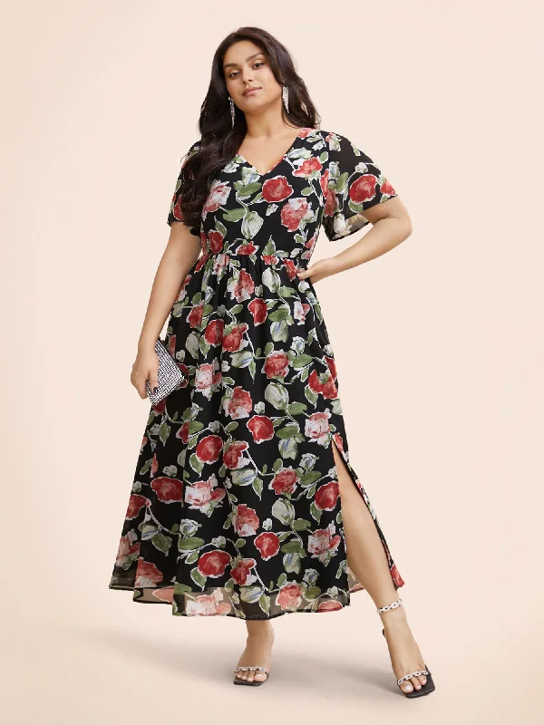 Floral Tie Knot Slit Hem Maxi Dress Casual Maxi Dress with Pockets