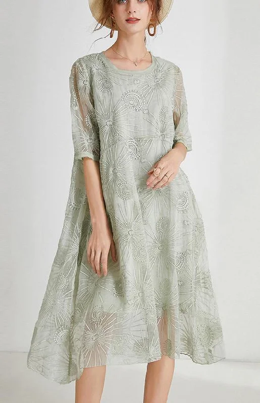 French Light Green Embroidery Chiffon Short Sleeve Summer Maxi Dresses Elegant Tiered Maxi Dress