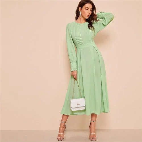 FashionSierra - Frilled Cuff Pleated Panel Fit And Flare Maxi Dress Trendy Off-Shoulder Ruffle Maxi Dress