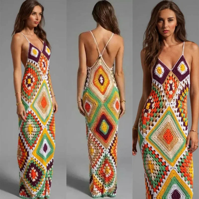 Hand Crocheted Boho Beach Maxi Dress Elegant Maxi Dress with Pockets