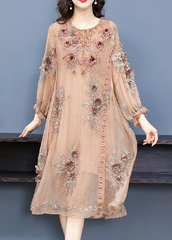 Handmade Apricot V Neck Embroideried Floral Silk Maxi Dress Long Sleeve Trendy A-Line Maxi Dress