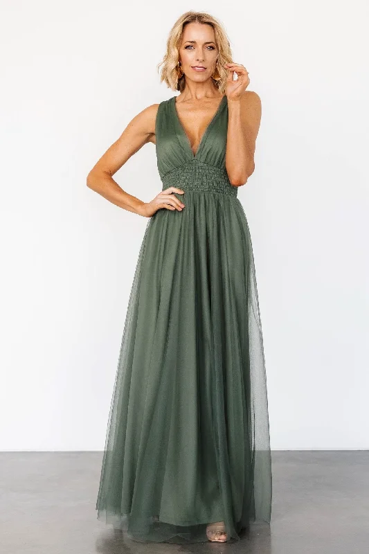 Kamila Tulle Maxi Dress | Dark Sage Elegant Pleated Maxi Dress