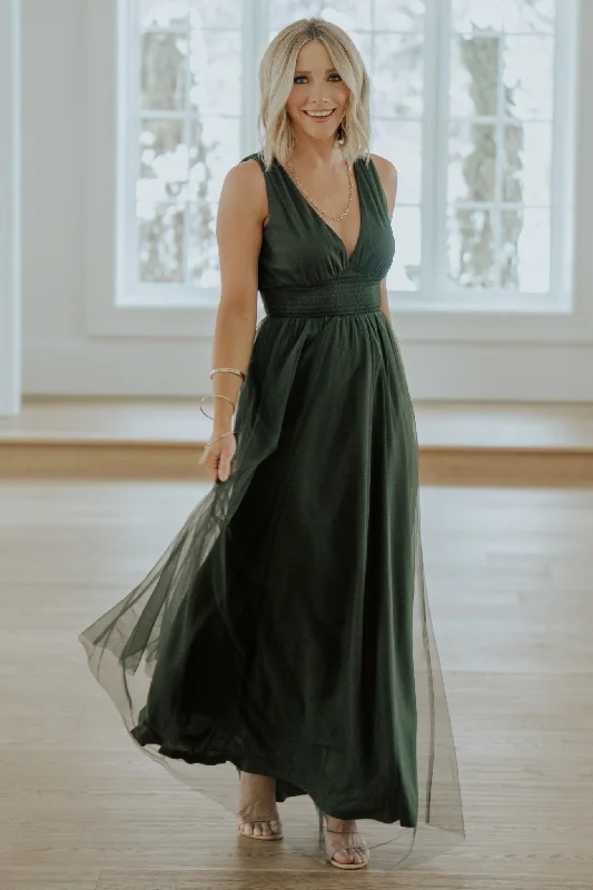 Kamila Tulle Maxi Dress | Juniper Green Trendy Button Front Maxi Dress