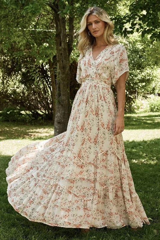 Katherine Maxi Dress | Cream + Rust Floral Elegant Maxi Dress with Slit