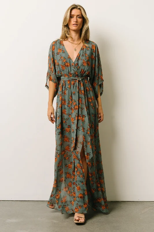 Kia Kimono Maxi Dress | Dusty Blue Floral Stylish Boho Maxi Dress