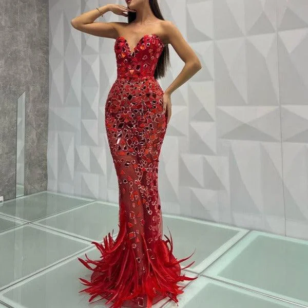 KittenAlarm - Kitt Strapless Feather Red Mirror Maxi Dress Cozy Ruffle Sleeve Maxi Dress