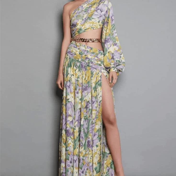 KittenAlarm - Krissy One Shoulder Chain Embellishment Floral Maxi Dress Fashionable Printed Maxi Dress