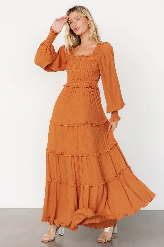 Lana Smocked Maxi Dress | Camel Comfortable Pleated Maxi Dress