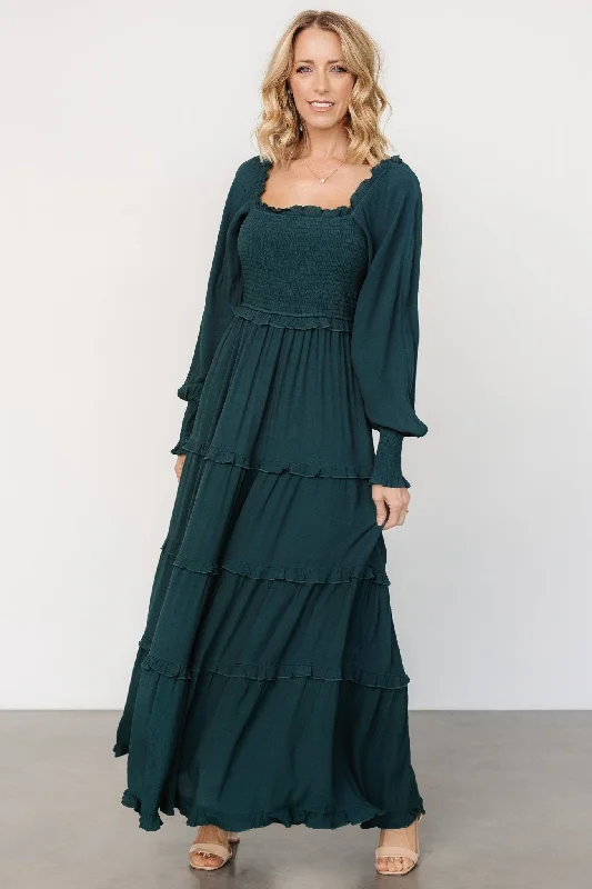 Lana Smocked Maxi Dress | Dark Green Fashionable Sheer Maxi Dress