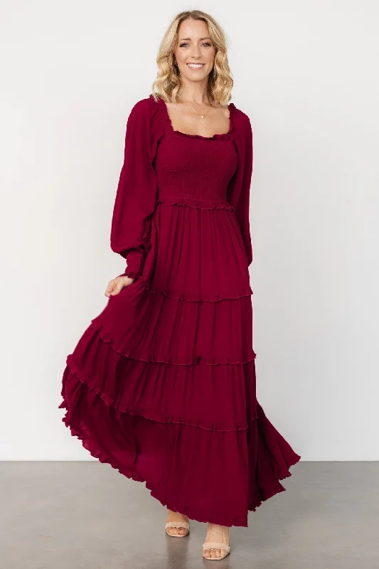 Lana Smocked Maxi Dress | Merlot Elegant Floral Maxi Dress