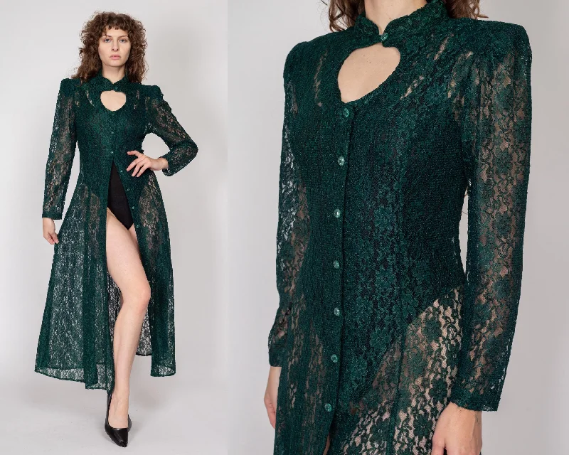 Large 90s Forest Green Sheer Lace Keyhole Maxi Dress Stylish Maxi Dress with Frills