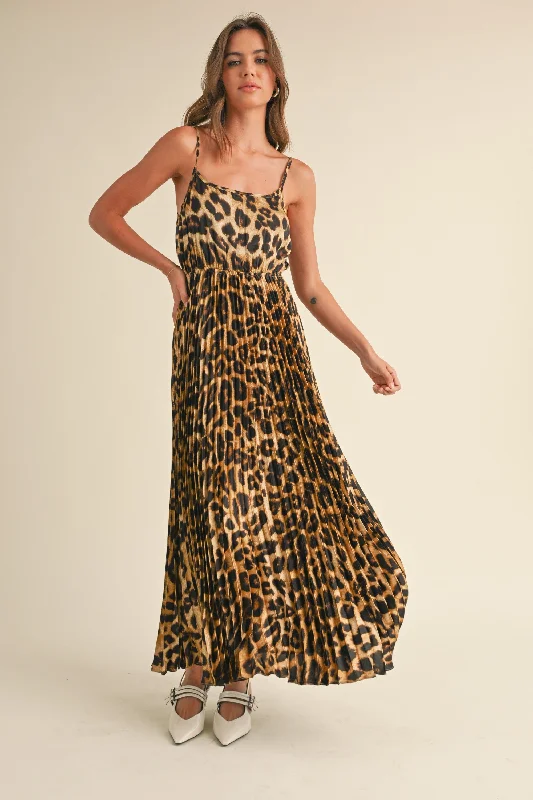 Leopard Print Pleated Maxi Dress Comfortable Fitted Maxi Dress