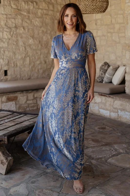 Leslie Velvet Maxi Dress | Blue + Silver Trendy Printed Maxi Dress