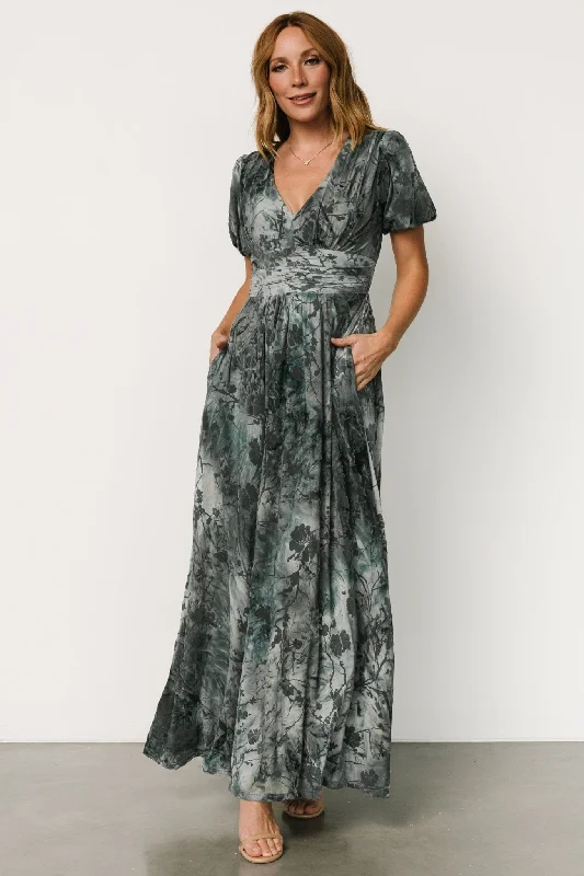 Leslie Velvet Maxi Dress | Slate Blue Elegant Maxi Dress with Belt