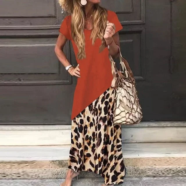 Amy Fashion - Casual Short Sleeve Leopard Printed Maxi Dress Trendy Satin Maxi Dress