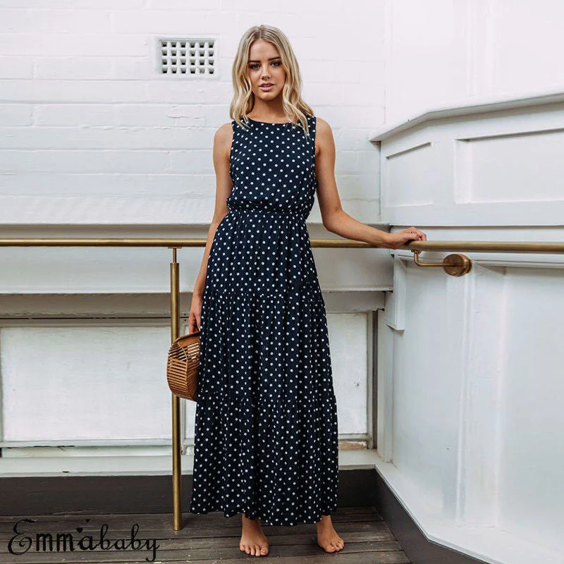 Amy Fashion - Loose Sleeveless Holiday Dot Print Long Maxi Dress Chic Summer Floral Maxi Dress