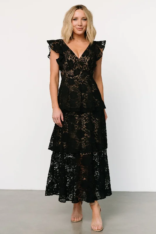 Margot Lace Tiered Maxi Dress | Black + Nude Stylish A-Line Maxi Dress