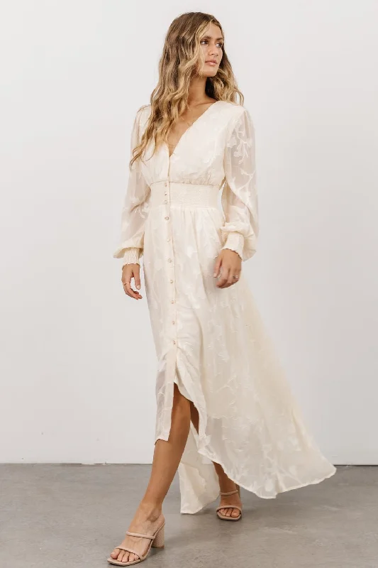 Mayfair High Low Maxi Dress | Vintage Cream Stylish Off-Shoulder Maxi Dress