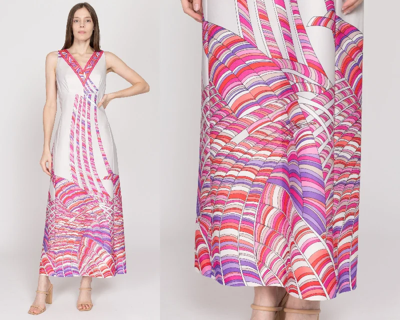 Med-Lrg 70s Psychedelic White & Pink Abstract Print Maxi Dress Fashionable Maxi Dress with Fringe