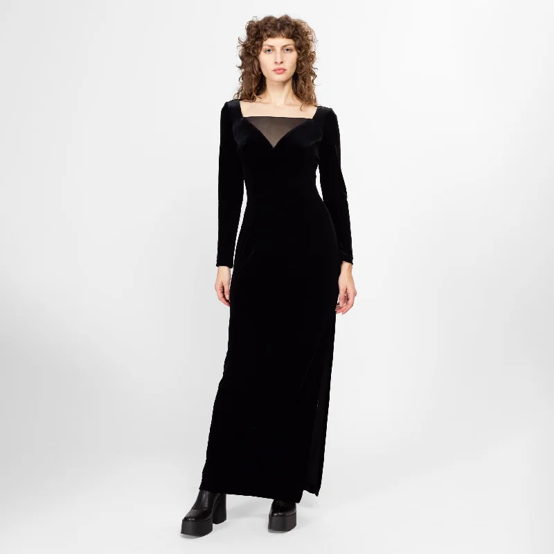 Medium 90s Black Velvet Mesh Cut Out Maxi Dress Fashionable Layered Maxi Dress