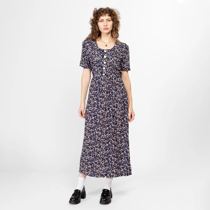 Medium 90s Navy Blue Floral Grunge Maxi Dress Comfortable Satin Maxi Dress