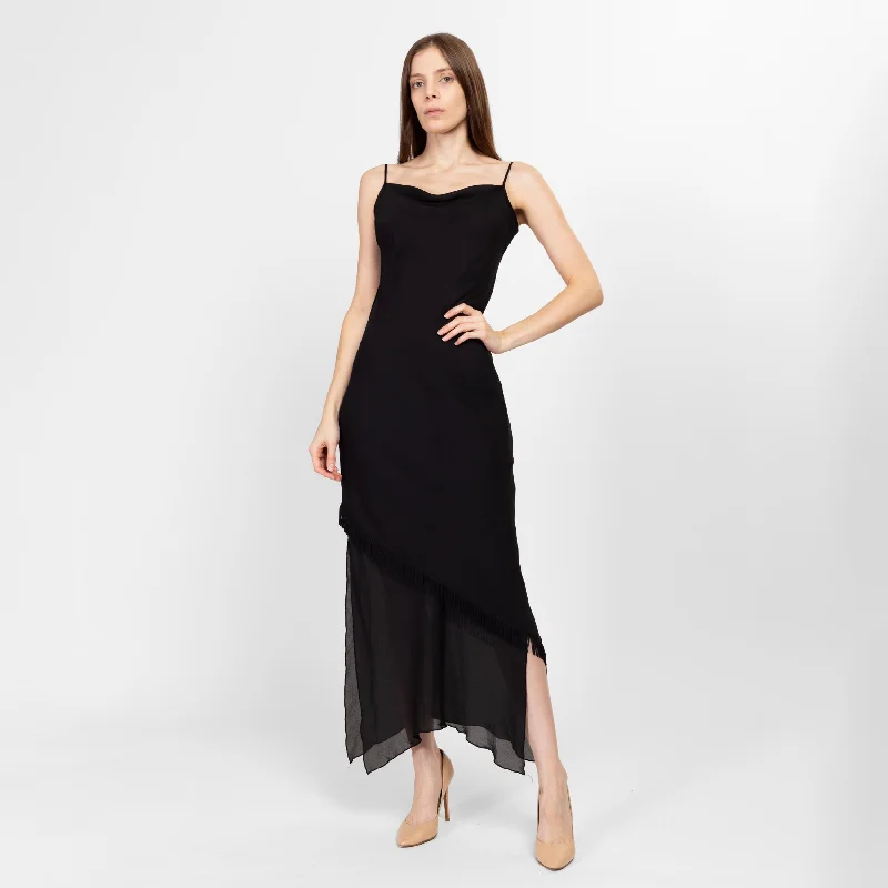 Medium Y2K Black Fringe Scarf Hem Maxi Dress Elegant Floral Maxi Dress