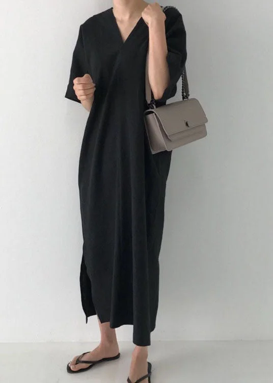 Modern Black V Neck Linen Maxi Dress Short Sleeve Stylish Pleated A-Line Maxi Dress