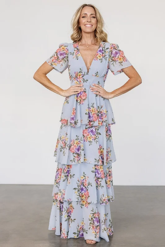 Montaigne Ruffle Maxi Dress | Light Blue Floral Trendy Satin Maxi Dress