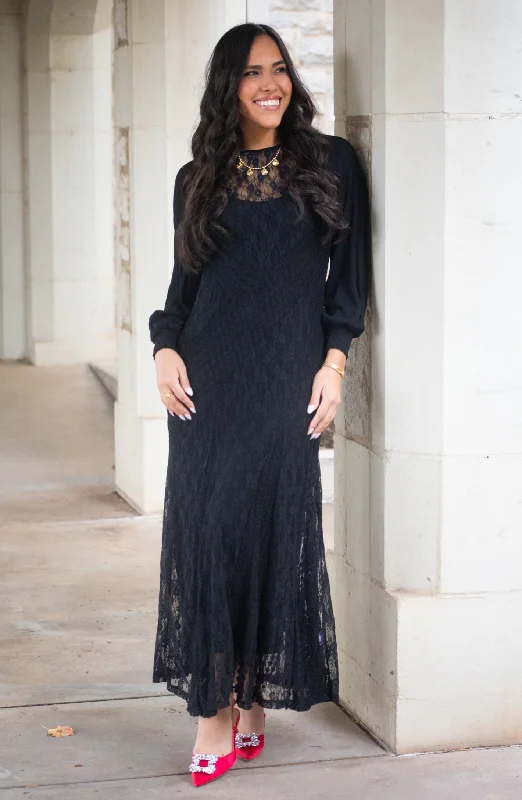 My Heart Is Set Black Lace Maxi Dress Fashionable Chiffon Maxi Dress